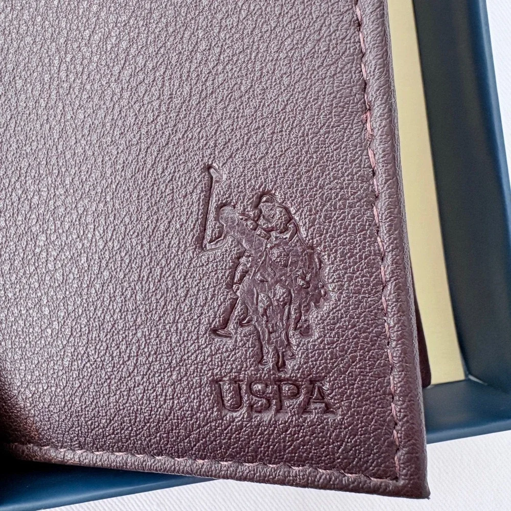 U.S. Polo Assn‎ Trifold Wallet Brown Genuine Leather Embossed Logo NWT